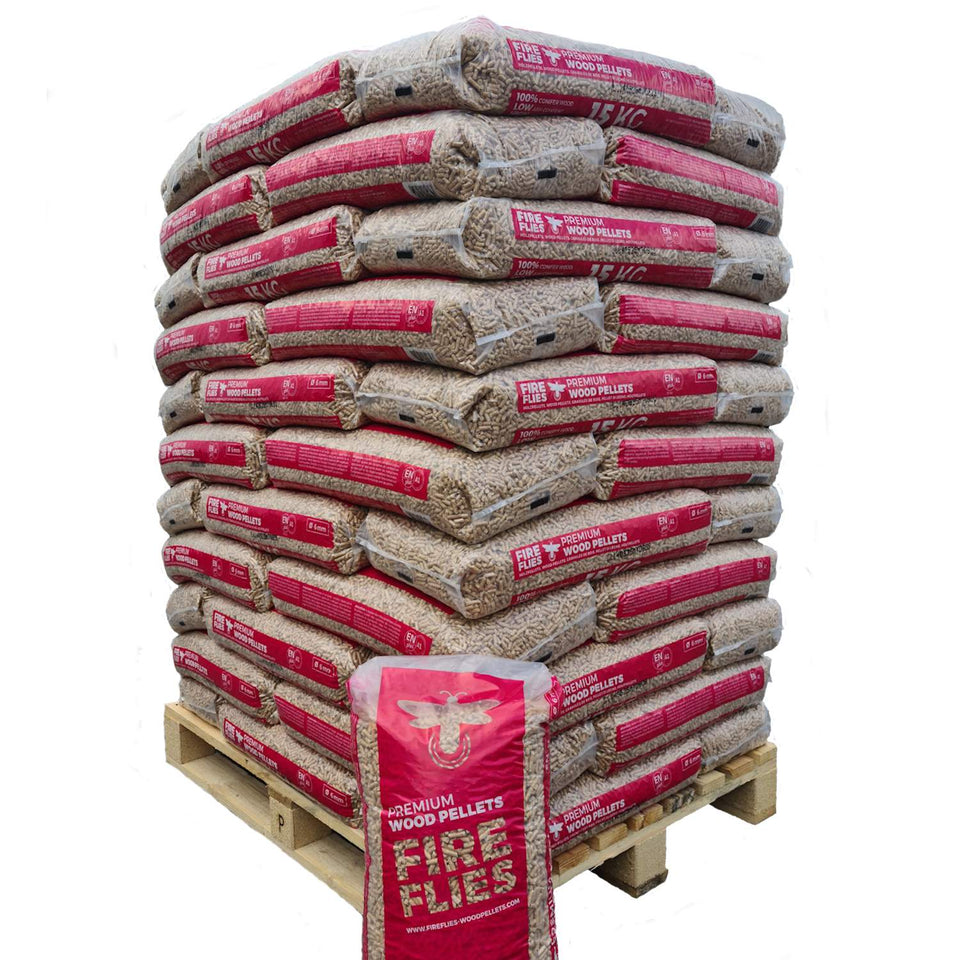 Holzpellets aus 100% Nadelholz Fire flies - 990 kg Palette ✓ ENplus A1 zertifziert ✓ Heizwert ≥ 4,6 KWh/kg ✓ Aschegehalt ≤ 0,5 % ✓ Durchmesser: 6 mm ✓.