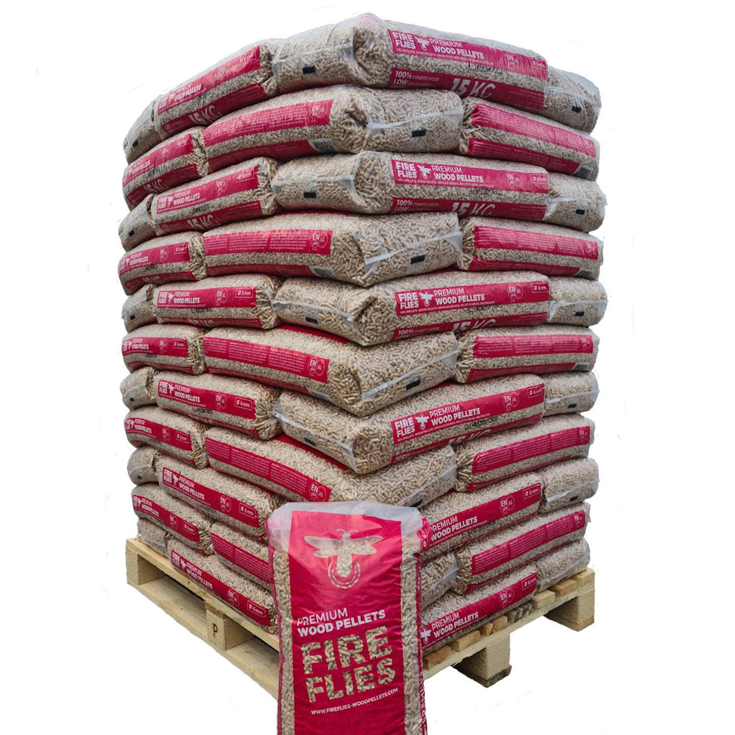 Holzpellets aus 100% Nadelholz Fire flies - 990 kg Palette ✓ ENplus A1 zertifziert ✓ Heizwert ≥ 4,6 KWh/kg ✓ Aschegehalt ≤ 0,5 % ✓ Durchmesser: 6 mm ✓.